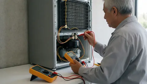 Technician uses a multimeter to diagnose a refrigerator compressor in a clean, well-lit workshop with visible cables.