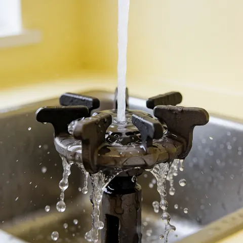 A cast iron gas stove burner is being rinsed with running water in a sink to clean and restore the kitchen equipment.