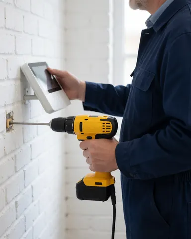 Technician in blue uniform using yellow drill to mount white alarm panel on white brick wall during security repair service