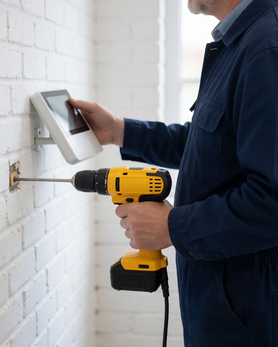 Technician in blue uniform using yellow drill to mount white alarm panel on white brick wall during security repair service