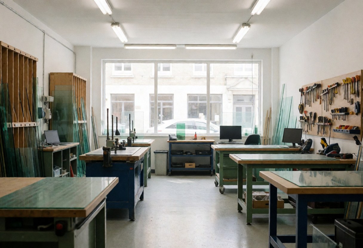 A glass repair shop interior featuring cutting tables, hanging tools, and stored glass sheets illuminated by natural light.