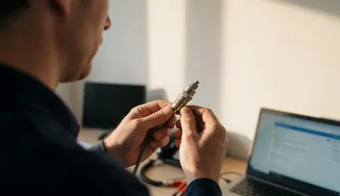 Close-up of a technician's hands adjusting a silver F connector on a coaxial cable during an antenna installation service.