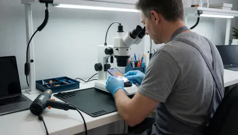 Technician in nitrile gloves repairing a cell phone under a microscope in a clean workshop with tools and air heater