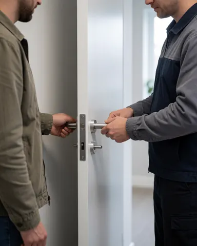Technician in uniform shows a client how the repaired door with a shiny handle and metal lock works in a white hallway.