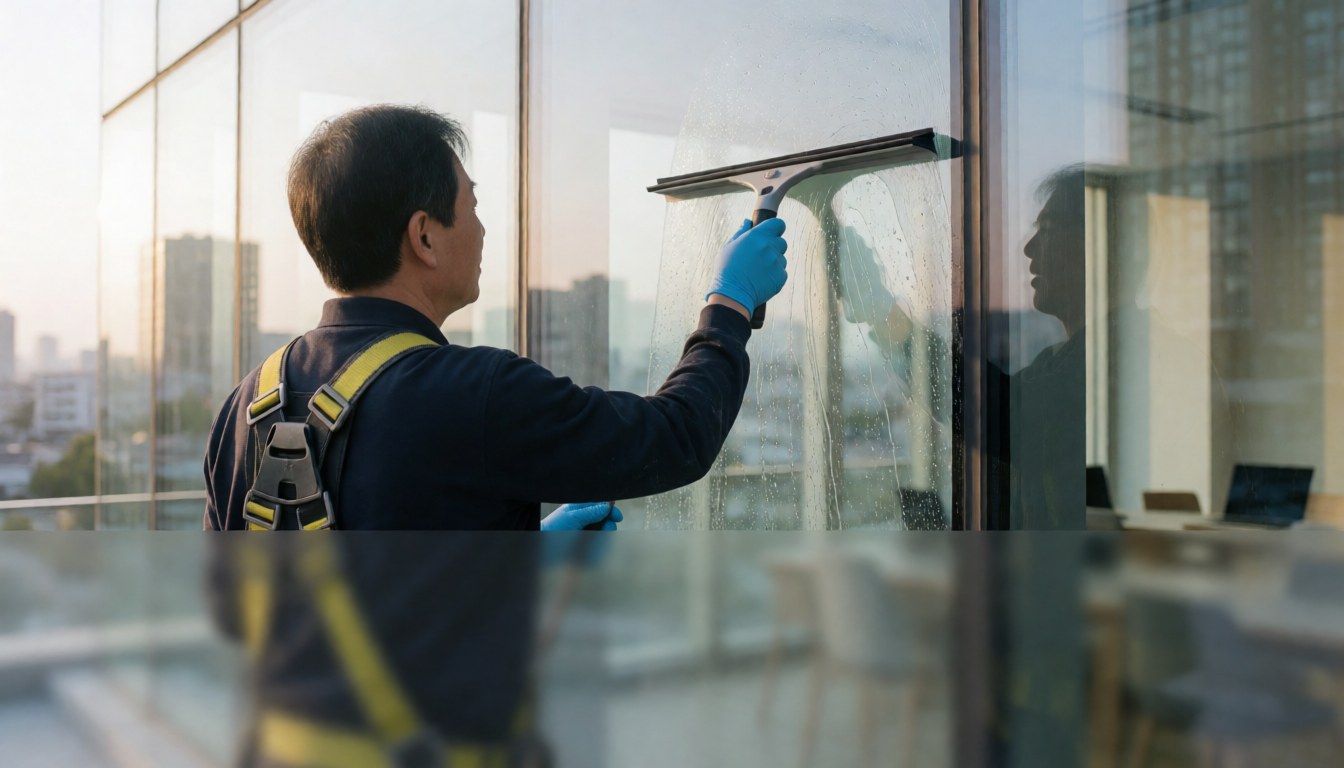 A worker wearing a harness and blue gloves cleans high-rise glass with a squeegee, reflecting an office interior with sunset light.