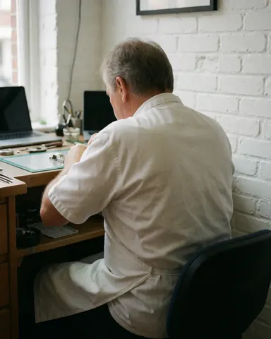 Watchmaker working with tools at a desk with a white brick wall background
