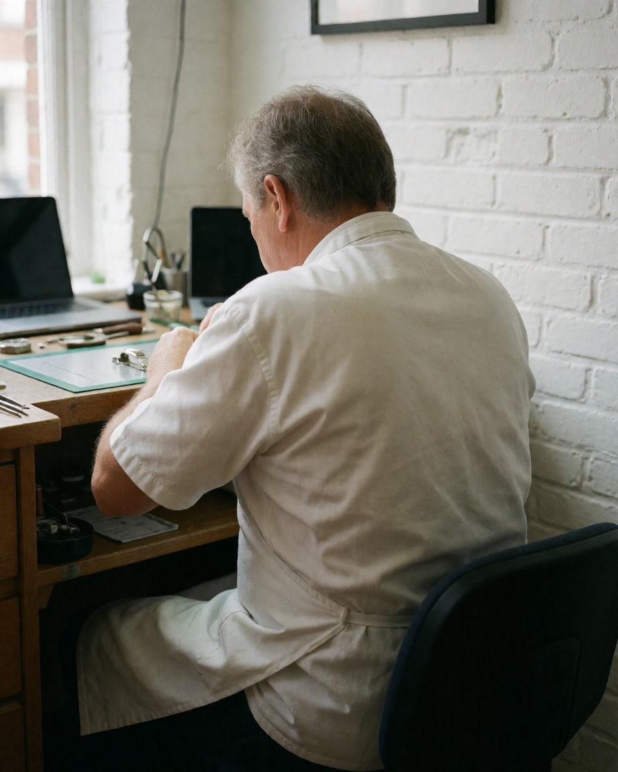 Watchmaker working with tools at a desk with a white brick wall background