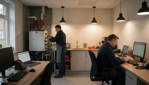 Technician working on high-pressure boiler connections in a clean, well-lit room for a heating company.