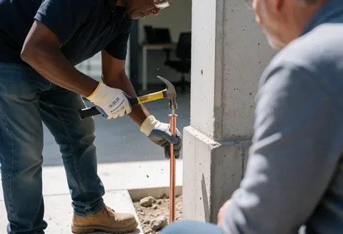 Electrician using a hammer to install a copper bolt near a concrete foundation while a client observes the service.