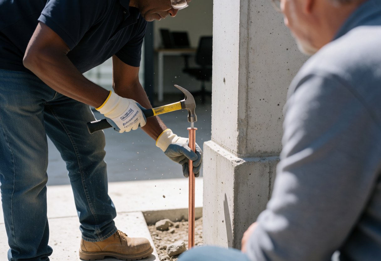 Electrician using a hammer to install a copper bolt near a concrete foundation while a client observes the service.