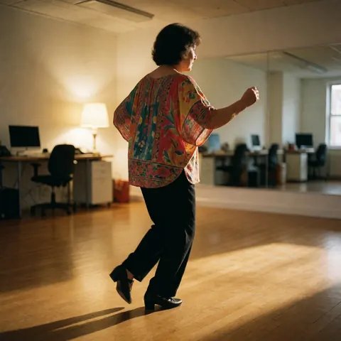 A woman dances salsa in a studio with polished wood floors, warm lighting, and mirrors, suitable for Spanish classes.