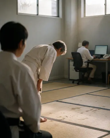 A martial arts student standing in a respectful posture on a tatami mat with soft lighting and gray walls in a dojo setting