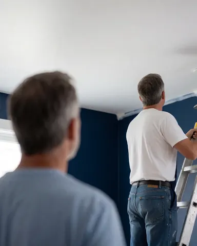 A professional painter uses a roller to apply white paint to a ceiling while a client observes the work in progress.
