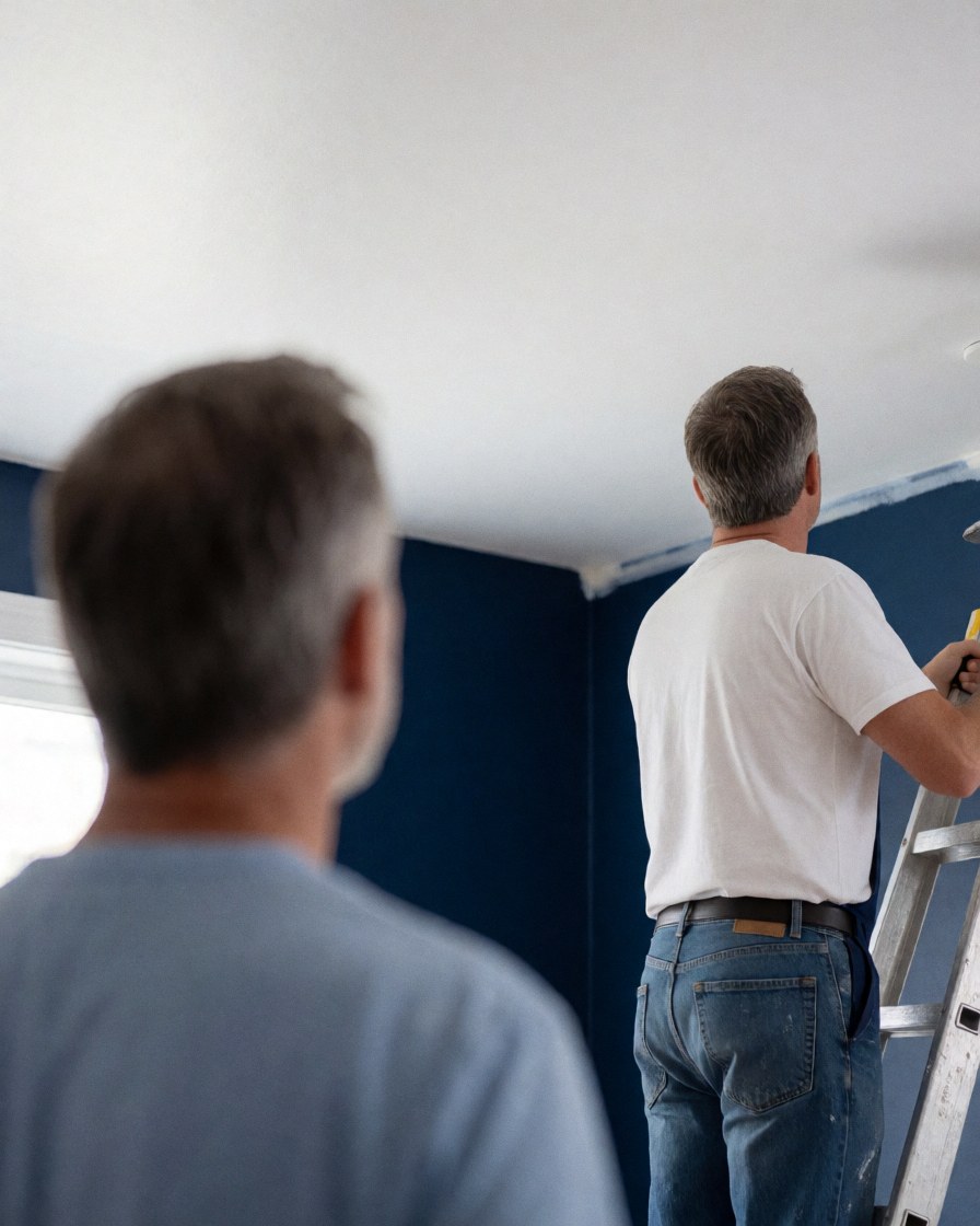 A professional painter uses a roller to apply white paint to a ceiling while a client observes the work in progress.
