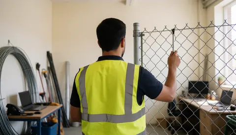 Worker in reflective vest installing wire fence in workshop with white walls and tools visible