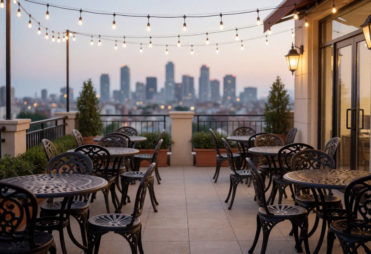 Wrought iron tables and chairs on a terrace with warm lighting and a panoramic city view at sunset, ideal for tango class events.