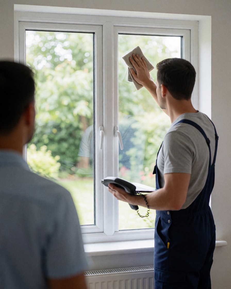 Technician in apron cleaning new double glazed window while client watches from inside with green garden visible outside