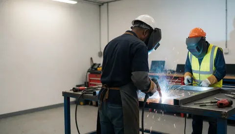 Industrial welder wearing protective gear working on a metal structure with sparks flying in a workshop