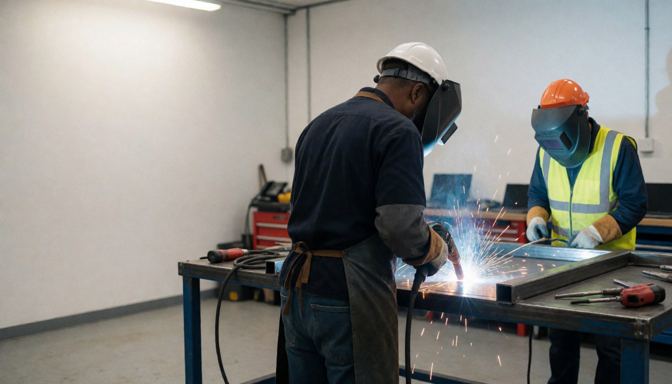 Industrial welder wearing protective gear working on a metal structure with sparks flying in a workshop
