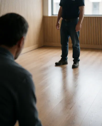 A satisfied client inspects fresh laminate flooring in a room with wood walls while the installer stands in the background.