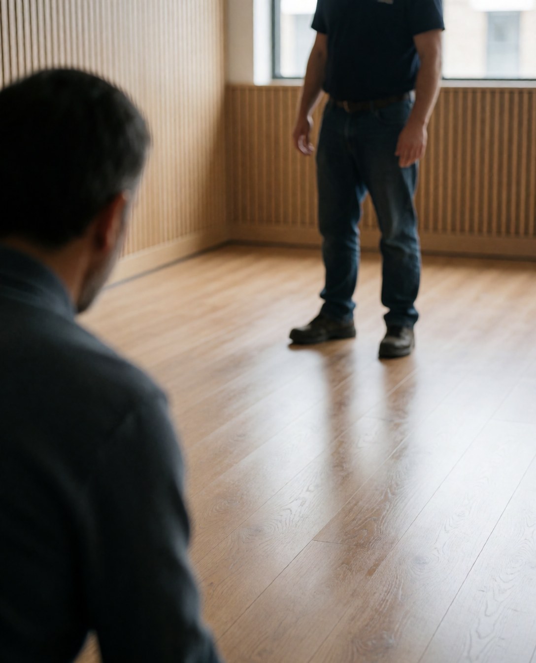A satisfied client inspects fresh laminate flooring in a room with wood walls while the installer stands in the background.