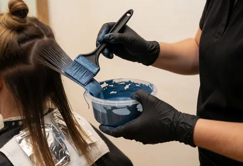 A manicurist wearing nitrile gloves applies blue hair dye to hair sections held in foil at a salon.