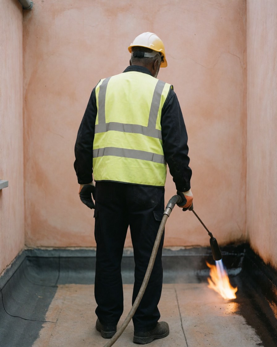 Worker in safety gear applying bitumen with a torch on a terracotta stucco roof during waterproofing service