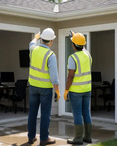 Two technicians wearing helmets and safety vests inspecting a damaged roof from a wet patio during a repair job