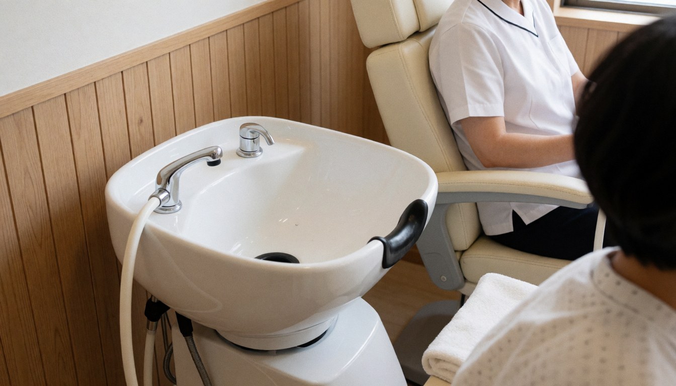 Professional stylist washing a client's hair at a white sink in a clean salon with light wood walls and a reclining chair.