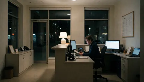 Receptionist working at a desk in a hotel lobby at night with city lights visible through large windows
