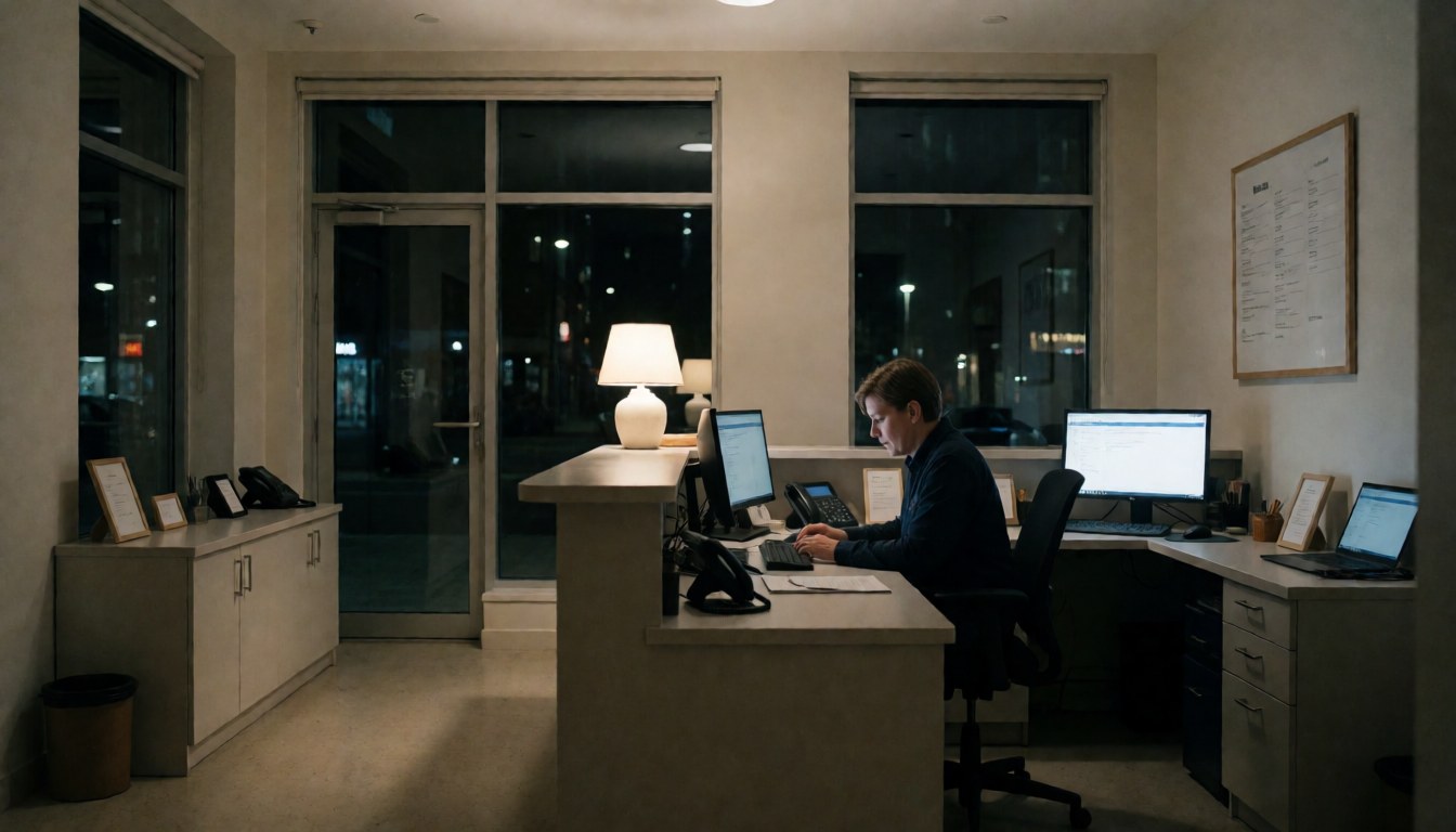 Receptionist working at a desk in a hotel lobby at night with city lights visible through large windows