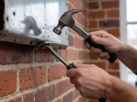 Hands using a hammer and metal dolly to shape a metal panel during auto body repair work