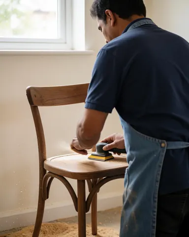 A man sanding a wooden chair with sandpaper in a bright room with clean walls for furniture repair