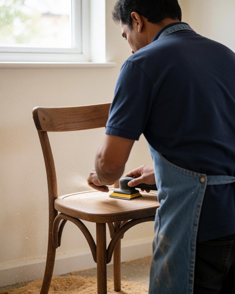 A man sanding a wooden chair with sandpaper in a bright room with clean walls for furniture repair