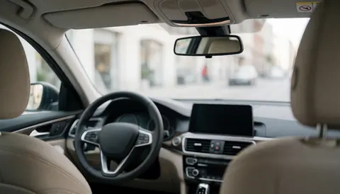 Interior view from the back seat showing a steering wheel, rearview mirror, and beige seats, suitable for technology or safety text backgrounds