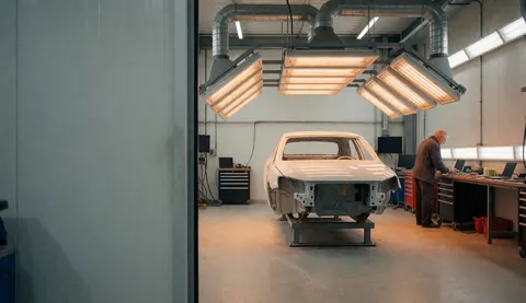 A car undergoing paint curing with specialized lights in an auto body shop.