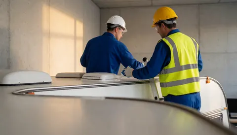 Two technicians wearing helmets and vests apply sealant to the white roof of a camper in a concrete-walled space.