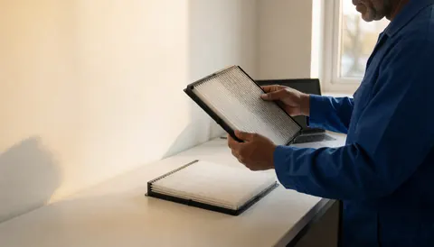 Close-up of an air filter being compared on a workbench in a repair shop with natural light