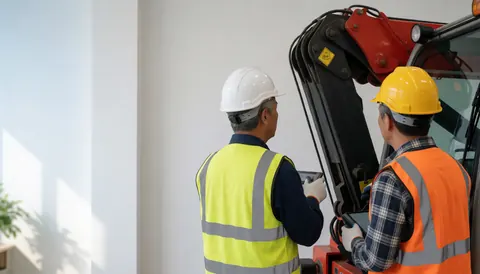 Two workers in hard hats and reflective vests check an articulated boom crane using tablets in a well-lit indoor space.