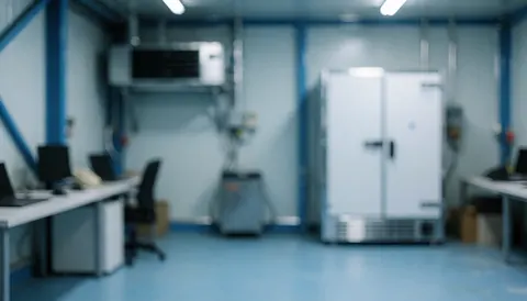 Clean industrial background featuring a refrigerator, blue metal structures, and work tables, suitable for industrial hygiene services.