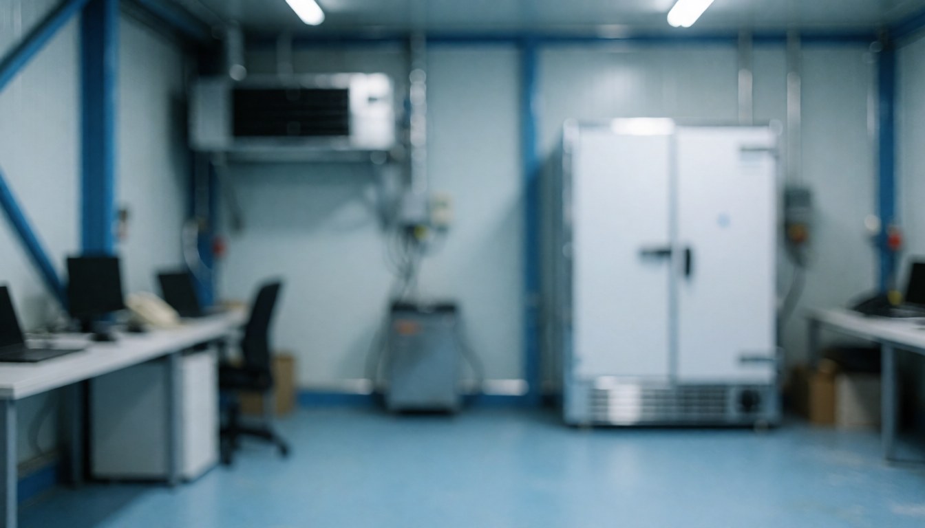 Clean industrial background featuring a refrigerator, blue metal structures, and work tables, suitable for industrial hygiene services.