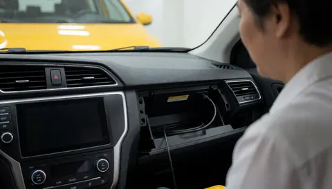 A professional reviewing the interior of a yellow taxi with the glove compartment open and a visible USB cable, showing a modern and reliable transport service.