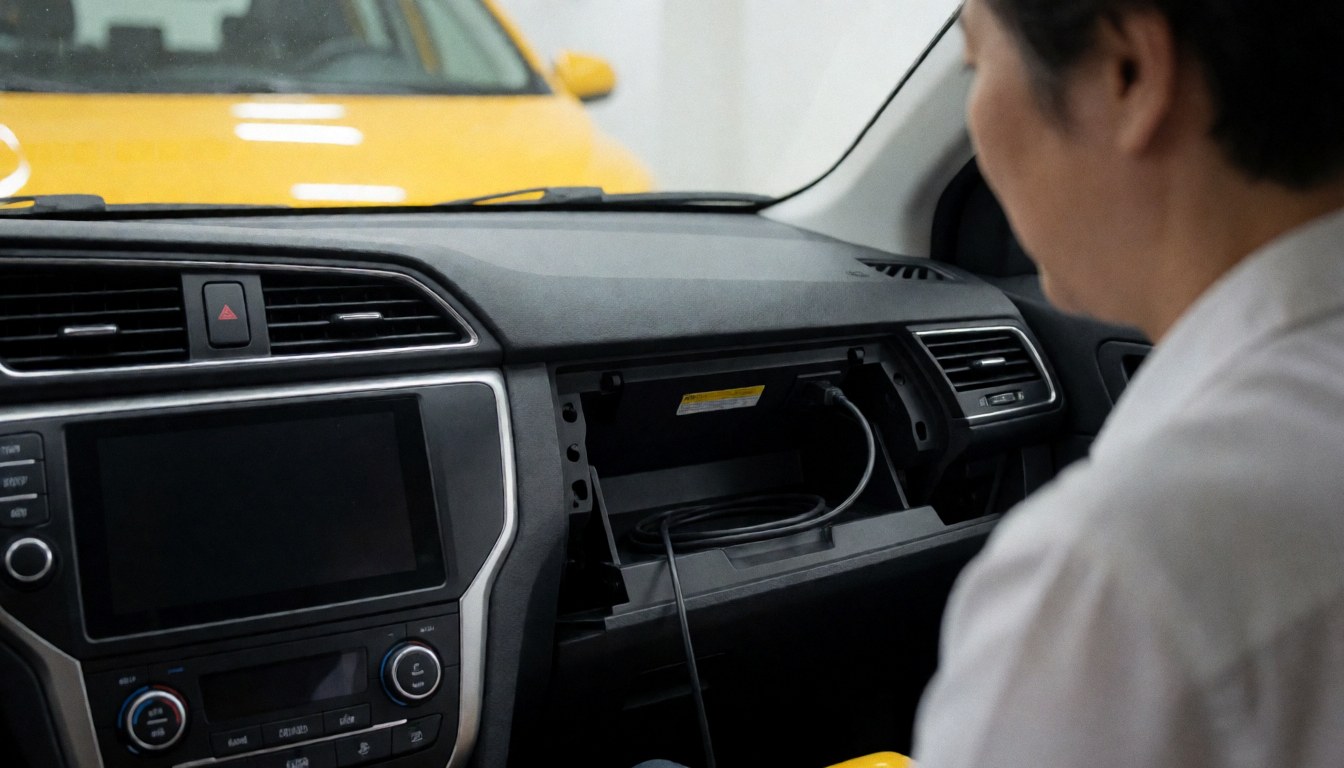 A professional reviewing the interior of a yellow taxi with the glove compartment open and a visible USB cable, showing a modern and reliable transport service.