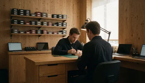 Two watchmakers working in a wooden workshop with watch boxes on shelves and natural window light.