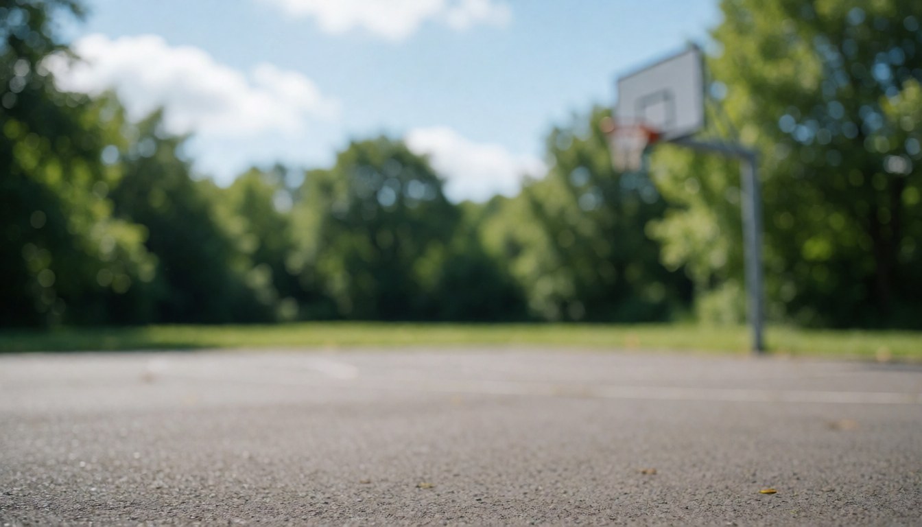 Out of focus outdoor basketball court background featuring a hoop, green trees, and blue sky, suitable for sports training text overlays