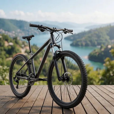 Black mountain bike with knobby tires and suspension parked on a wooden deck overlooking a lake and green mountains