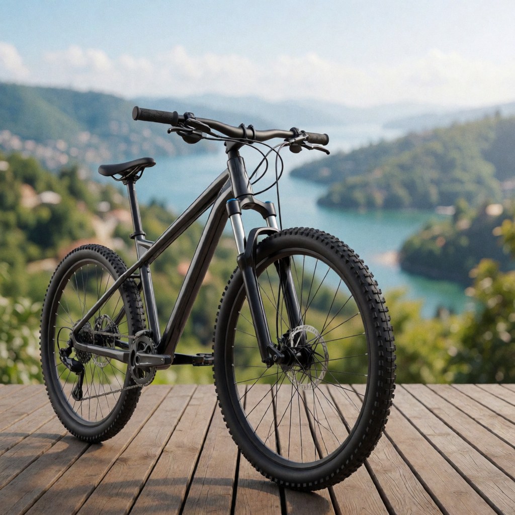Black mountain bike with knobby tires and suspension parked on a wooden deck overlooking a lake and green mountains