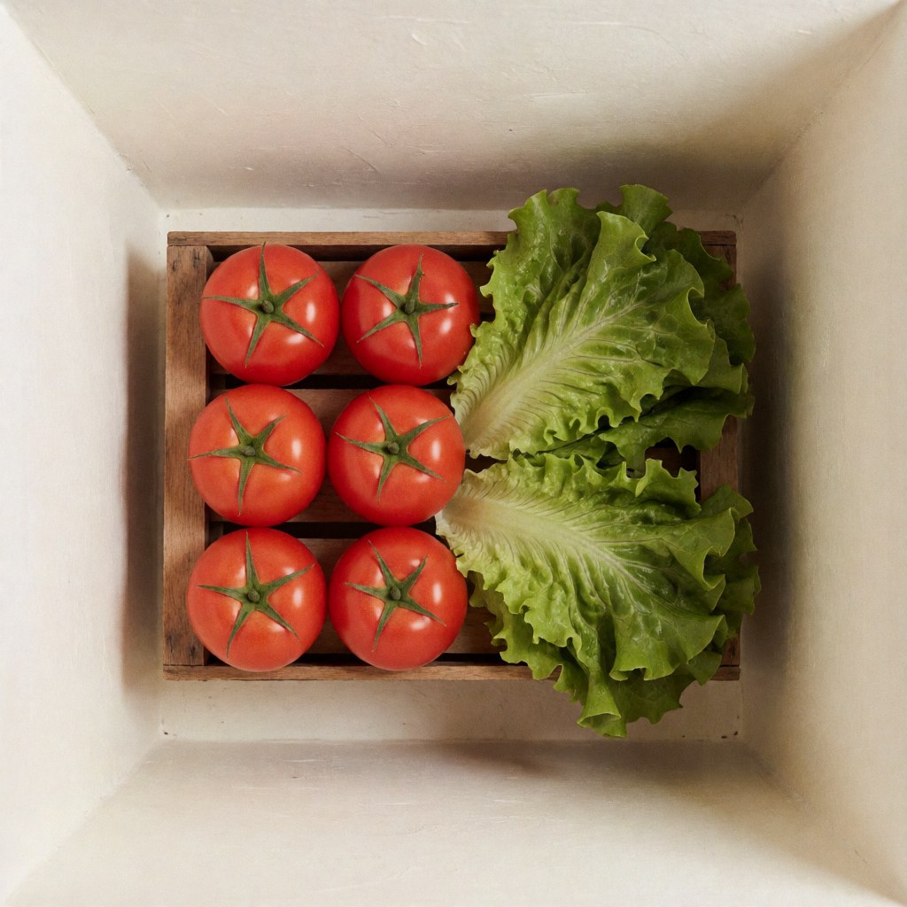 Top view of a wooden crate filled with fresh red tomatoes and crisp green lettuce leaves, ideal for product catalogs and marketing materials.
