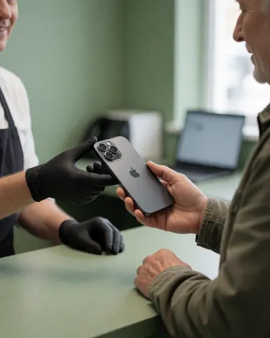 A technician hands a repaired smartphone with a new camera to a satisfied customer in a shop with green walls.