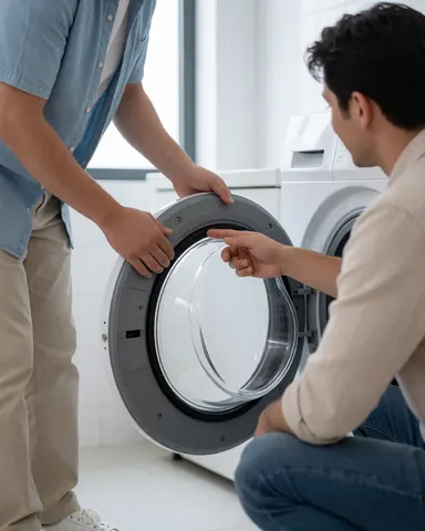 A customer inspects the washing machine door seal while a technician explains maintenance in a clean, modern laundry room.